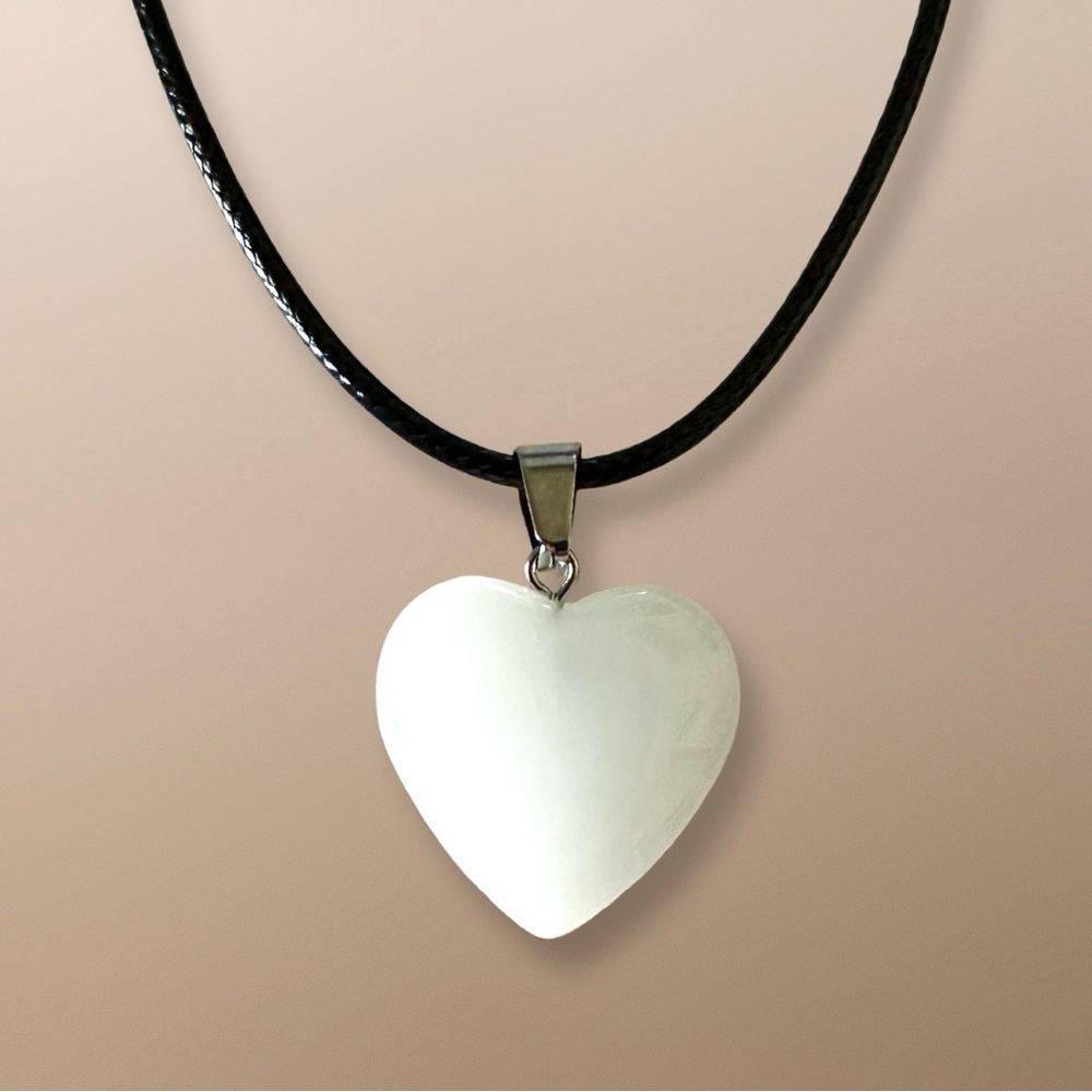 ⭐️ 5 for $25 White Heart Shaped Crystal Glass Pendant Necklace on Black Cord